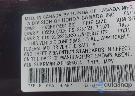 2015 Honda Cr-V Ex from USA, damaged, VIN 2HKRM4H5XFH664014